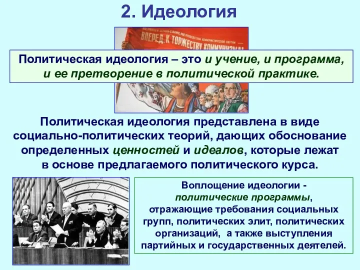 2. Идеология Политическая идеология представлена в виде социально-политических теорий, дающих