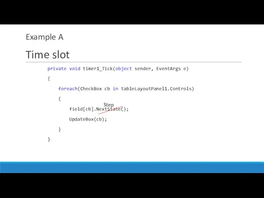 Example A Time slot private void timer1_Tick(object sender, EventArgs e)