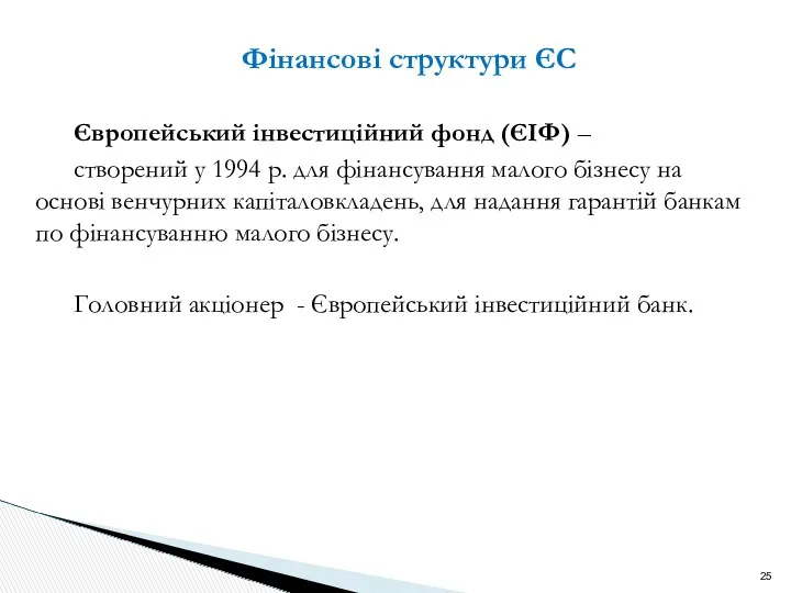 Фінансові структури ЄС Європейський інвестиційний фонд (ЄІФ) – створений у