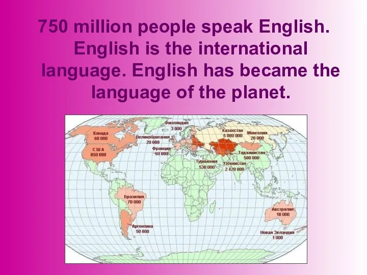 750 million people speak English. English is the international language. English has became