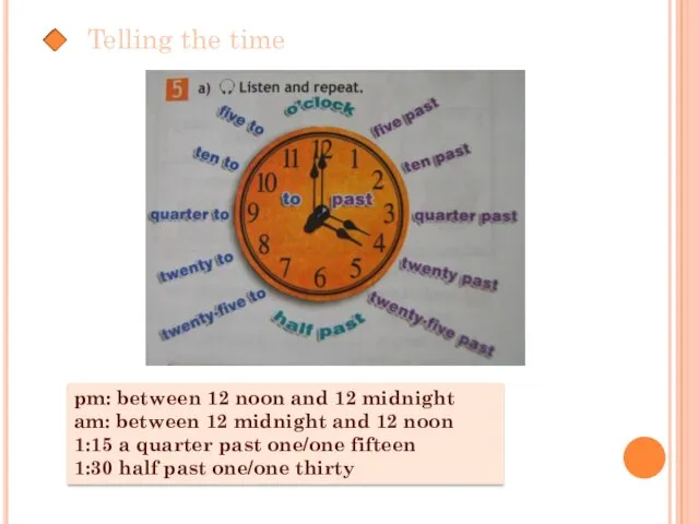 Telling the time pm: between 12 noon and 12 midnight am: between 12