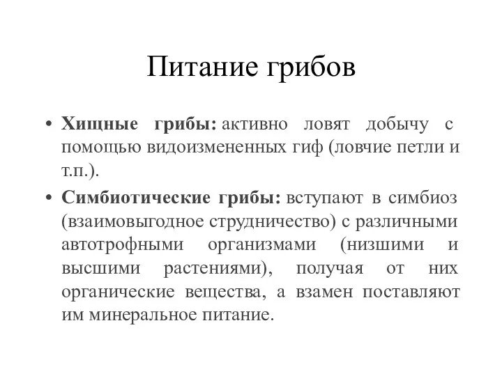 Питание грибов Хищные грибы: активно ловят добычу с помощью видоизмененных