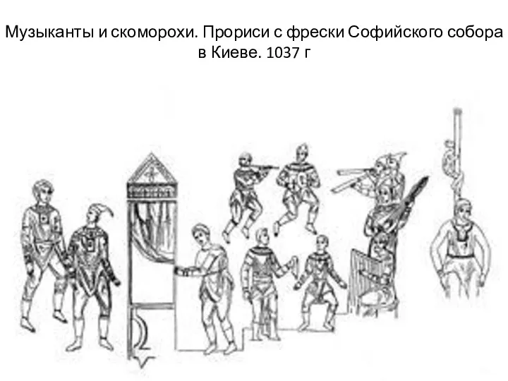 Музыканты и скоморохи. Прориси с фрески Софийского собора в Киеве. 1037 г