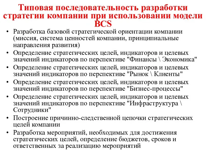 Типовая последовательность разработки стратегии компании при использовании модели BСS Разработка