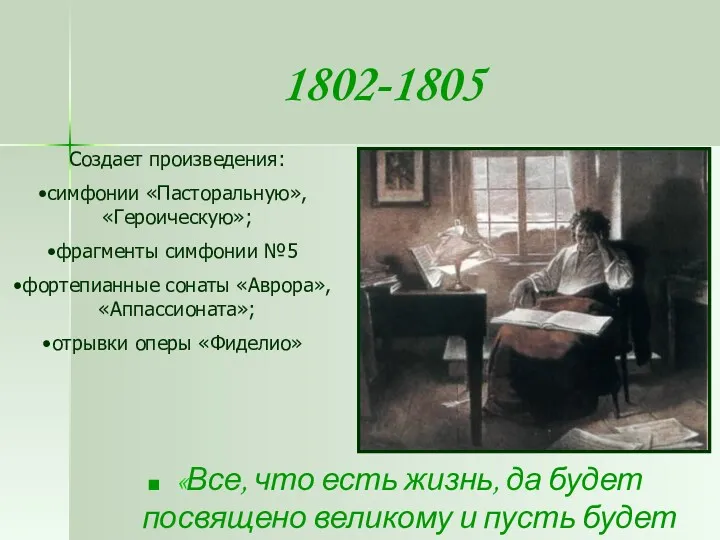 Создает произведения: симфонии «Пасторальную», «Героическую»; фрагменты симфонии №5 фортепианные сонаты