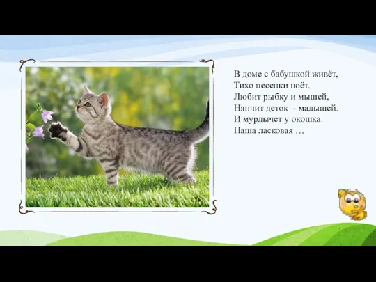 В доме с бабушкой живёт, Тихо песенки поёт. Любит рыбку