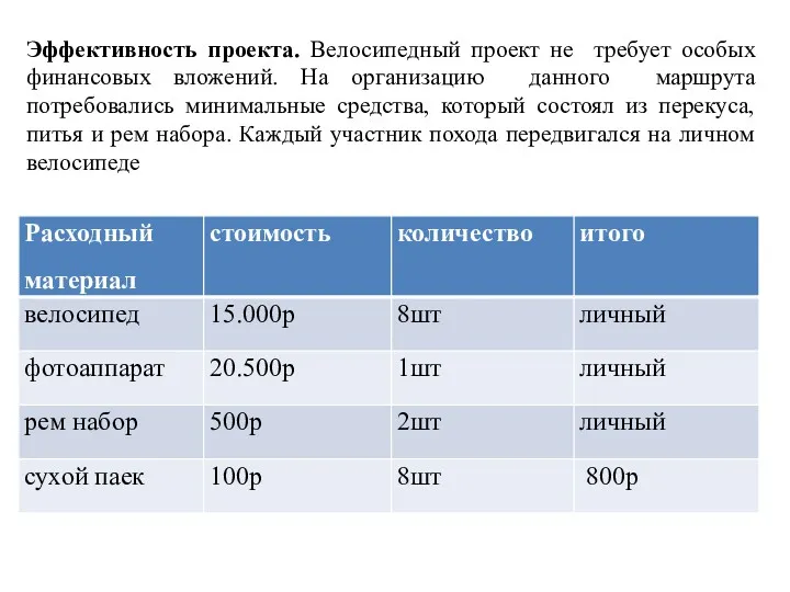 Эффективность проекта. Велосипедный проект не требует особых финансовых вложений. На