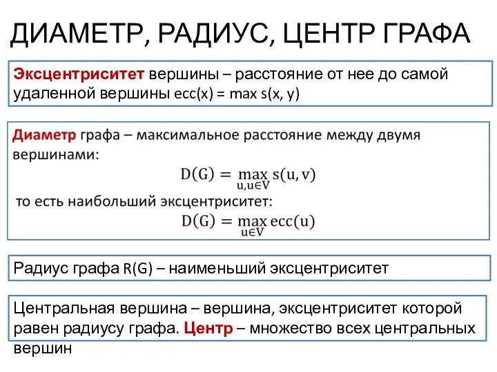 ДИАМЕТР, РАДИУС, ЦЕНТР ГРАФА Радиус графа R(G) – наименьший эксцентриситет