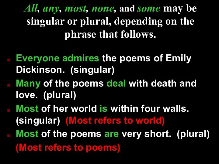 Everyone admires the poems of Emily Dickinson. (singular) Many of