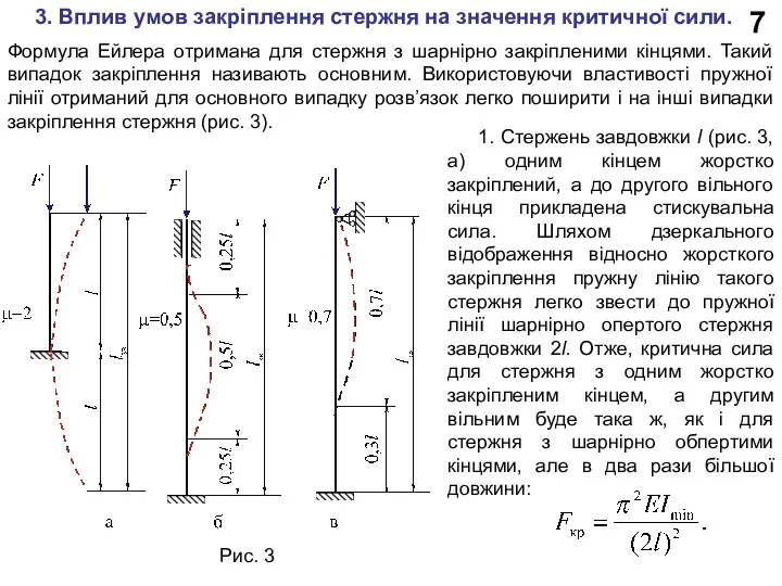 7 Рис. 3 3. Вплив умов закріплення стержня на значення