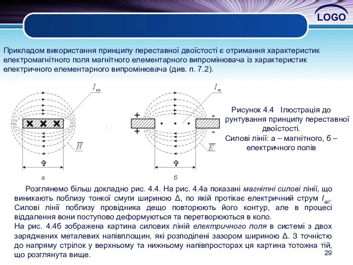 Прикладом використання принципу переставної двоїстості є отримання характеристик електромагнітного поля