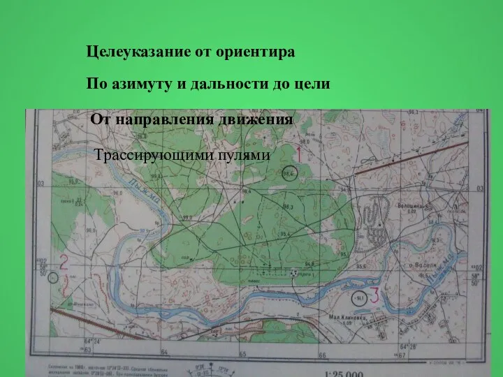 Целеуказание от ориентира По азимуту и дальности до цели От направления движения Трассирующими пулями