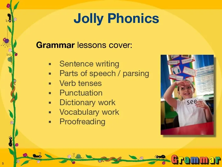 Jolly Phonics Grammar lessons cover: Sentence writing Parts of speech / parsing Verb