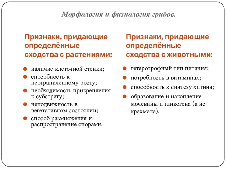 Морфология и физиология грибов. Признаки, придающие определённые сходства с растениями: