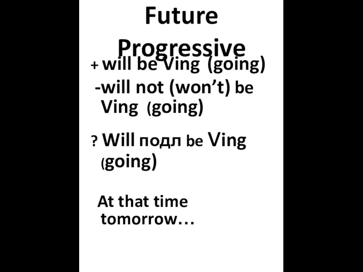 Future Progressive + will be Ving (going) will not (won’t)