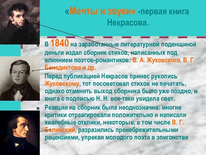 «Мечты и звуки» -первая книга Некрасова. В 1840 на заработанные