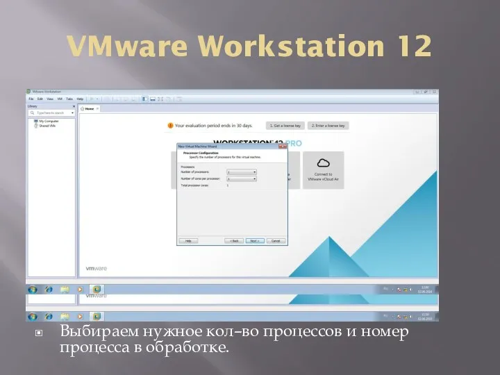 VMware Workstation 12 Выбираем нужное кол–во процессов и номер процесса в обработке.