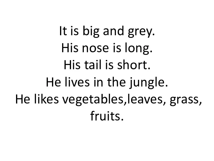 It is big and grey. His nose is long. His