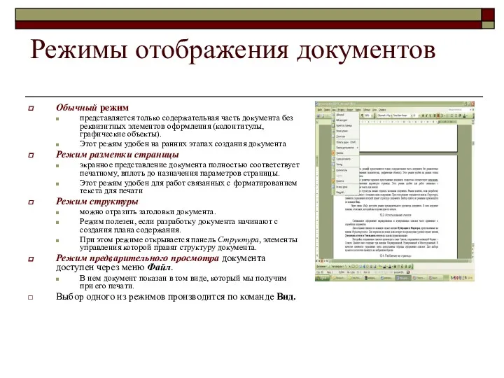 Режимы отображения документов Обычный режим представляется только содержательная часть документа