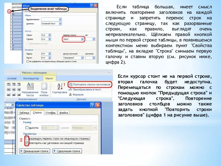 Если таблица большая, имеет смысл включить повторение заголовков на каждой