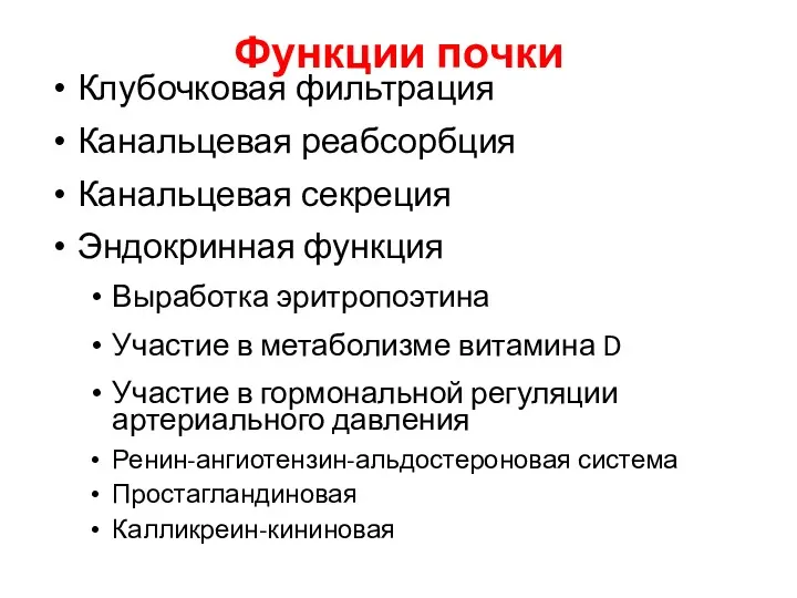 Функции почки Клубочковая фильтрация Канальцевая реабсорбция Канальцевая секреция Эндокринная функция