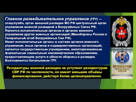 Главное разведывательное управление (ГРУ) — спецслужба, орган внешней разведки МО