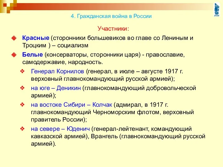 Участники: Красные (сторонники большевиков во главе со Лениным и Троцким