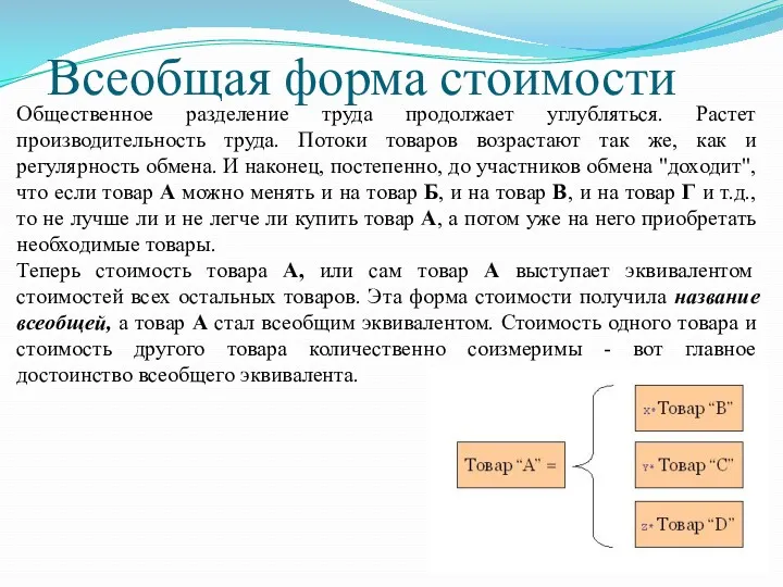 Всеобщая форма стоимости Общественное разделение труда продолжает углубляться. Растет производительность