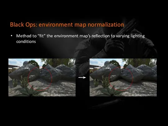 Black Ops: environment map normalization Method to “fit” the environment map’s reflection to varying lighting conditions