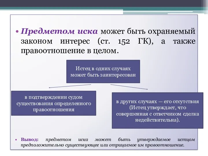 Предметом иска может быть охраняемый законом интерес (ст. 152 ГК),