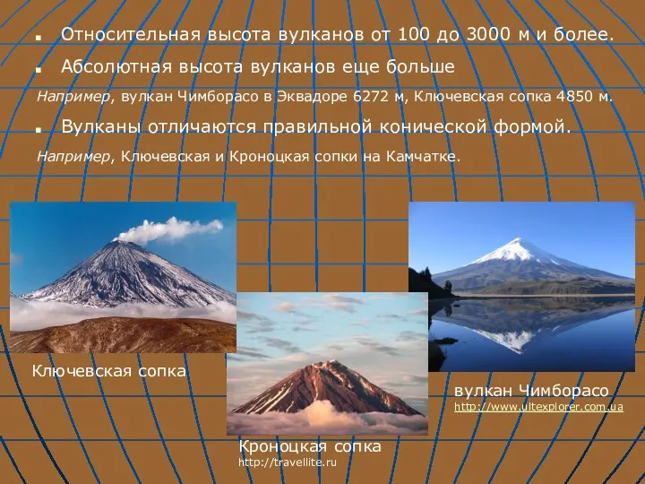Относительная высота вулканов от 100 до 3000 м и более.