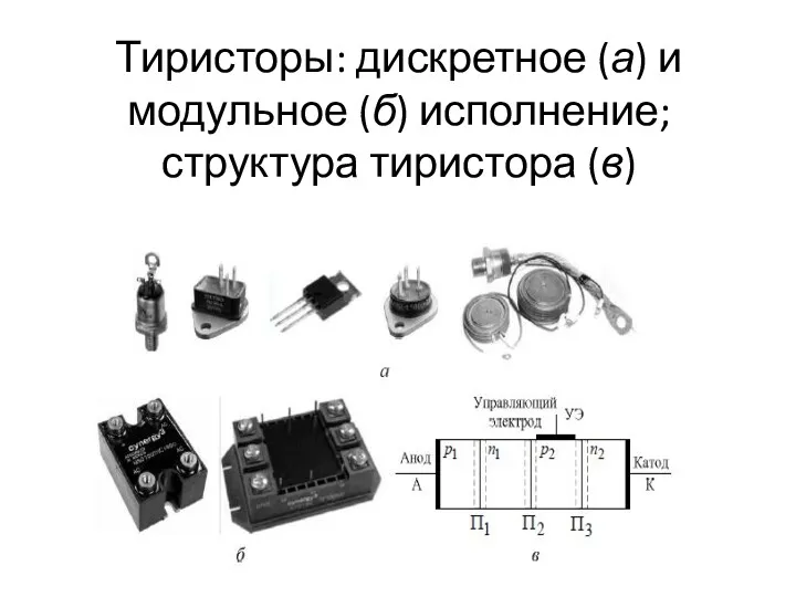 Тиристоры: дискретное (а) и модульное (б) исполнение; структура тиристора (в)