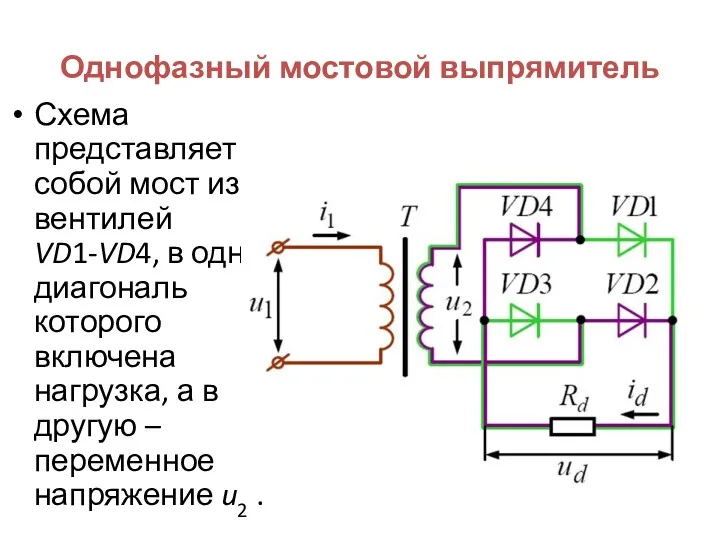 Однофазный мостовой выпрямитель Схема представляет собой мост из вентилей VD1-VD4,