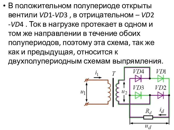 В положительном полупериоде открыты вентили VD1-VD3 , в отрицательном –