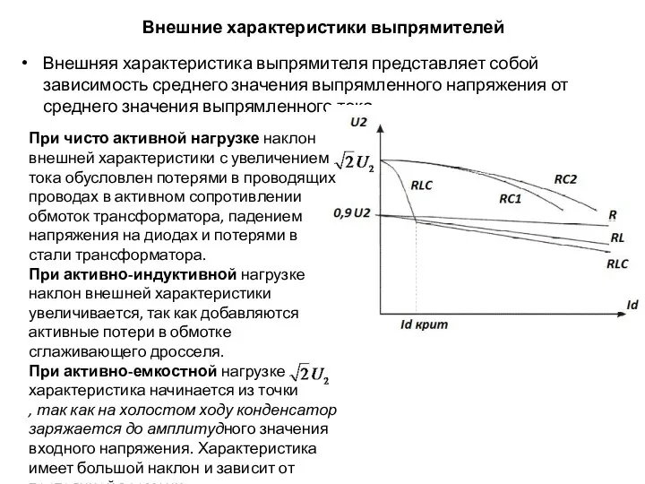 Внешние характеристики выпрямителей Внешняя характеристика выпрямителя представляет собой зависимость среднего