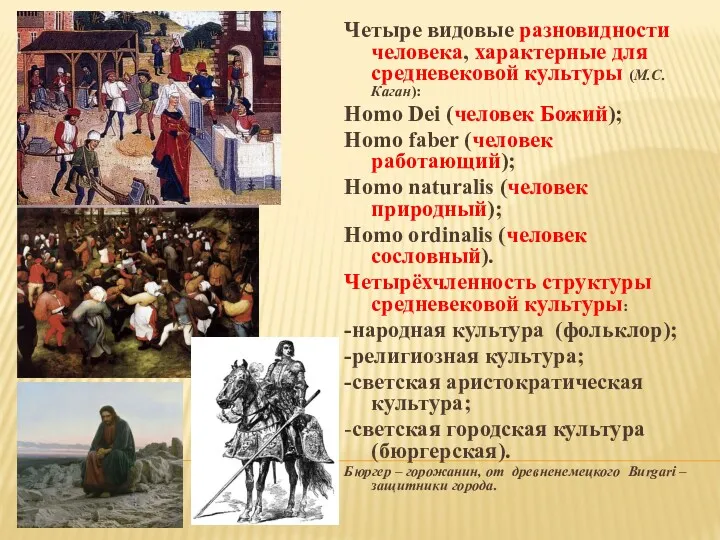 Четыре видовые разновидности человека, характерные для средневековой культуры (М.С. Каган):