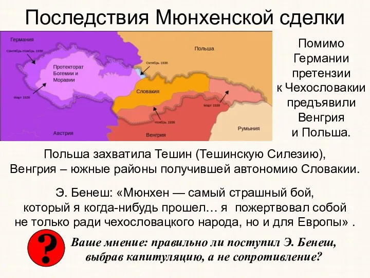 Последствия Мюнхенской сделки Помимо Германии претензии к Чехословакии предъявили Венгрия