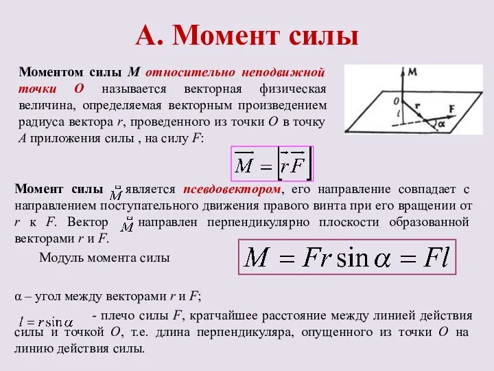 А. Момент силы Моментом силы М относительно неподвижной точки О называется векторная физическая