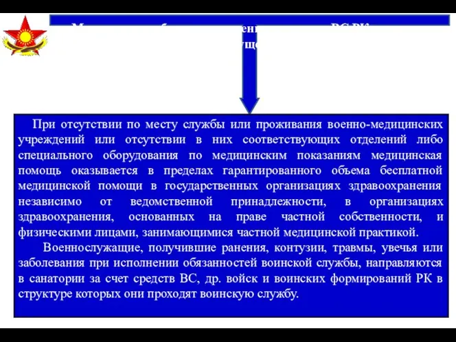 Медицинское обеспечение Медицинское обеспечение военнослужащих ВС РК в военно-медицинских учреждениях