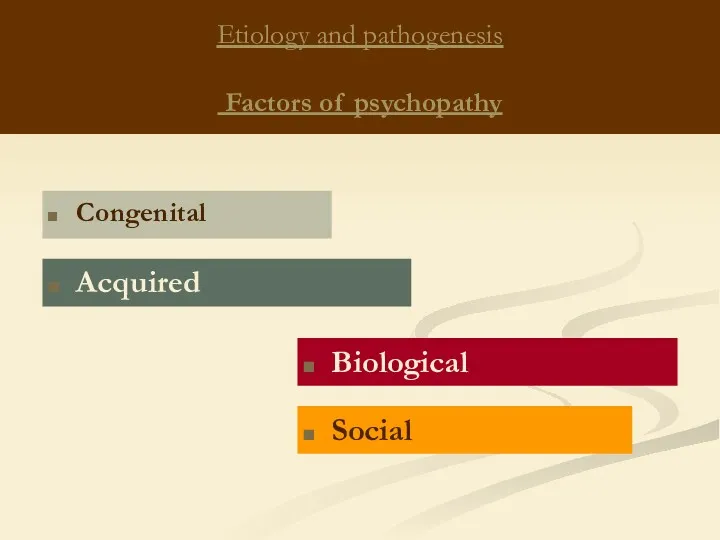 Etiology and pathogenesis Factors of psychopathy Congenital Acquired Biological Social