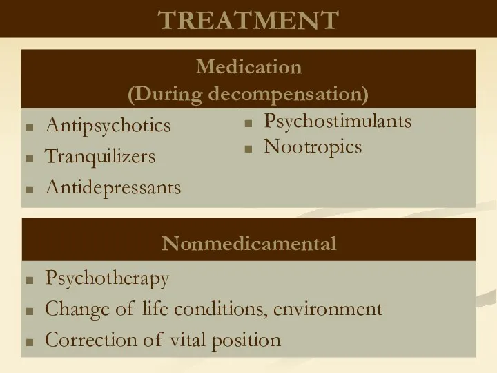 TREATMENT Antipsychotics Tranquilizers Antidepressants Medication (During decompensation) Nonmedicamental Psychotherapy Change