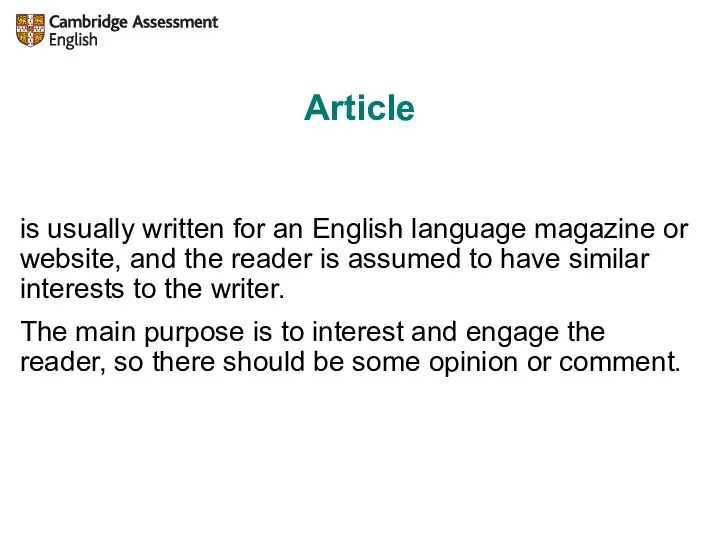 Article is usually written for an English language magazine or website, and the