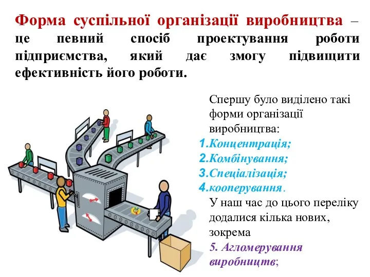 Форма суспільної організації виробництва – це певний спосіб проектування роботи