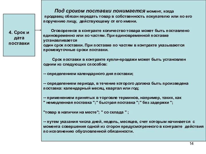 4. Срок и дата поставки Под сроком поставки понимается момент, когда продавец обязан