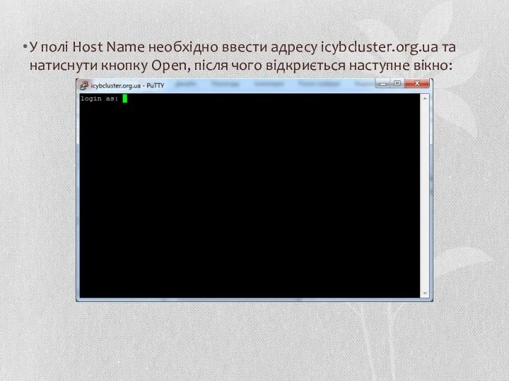 У полі Host Name необхідно ввести адресу icybcluster.org.ua та натиснути кнопку Open, після