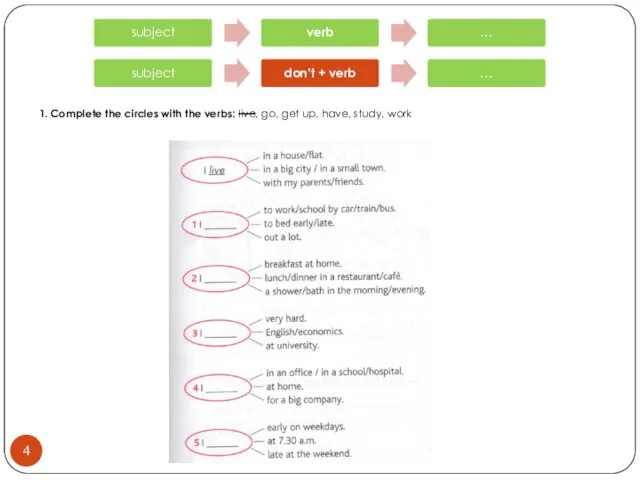 1. Complete the circles with the verbs: live, go, get up, have, study, work