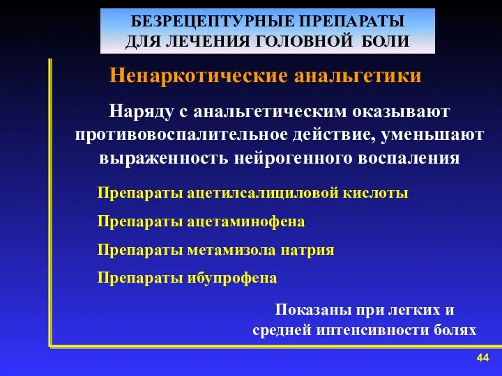 Ненаркотические анальгетики БЕЗРЕЦЕПТУРНЫЕ ПРЕПАРАТЫ ДЛЯ ЛЕЧЕНИЯ ГОЛОВНОЙ БОЛИ Наряду с