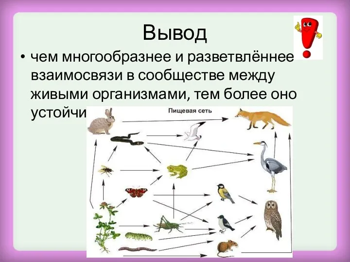 Вывод чем многообразнее и разветвлённее взаимосвязи в сообществе между живыми организмами, тем более оно устойчивее.