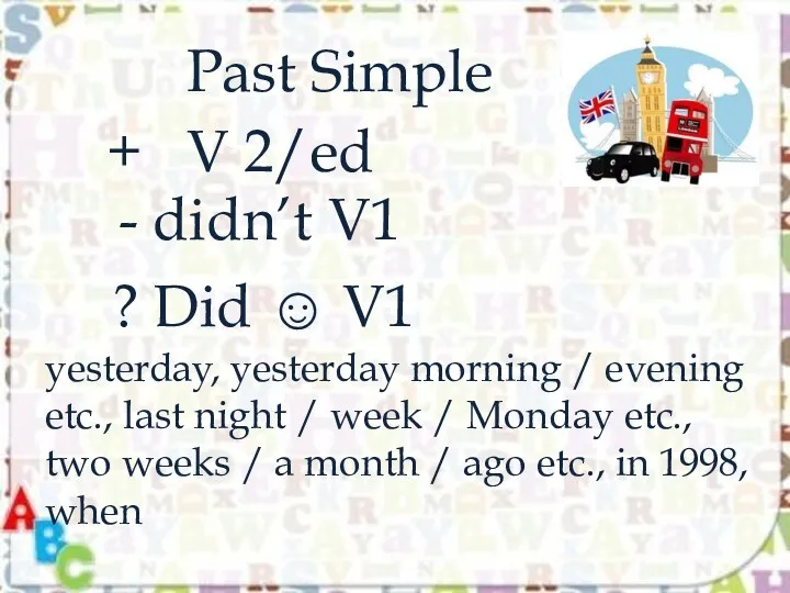 Past Simple ? Did ☺ V1 - didn’t V1 +
