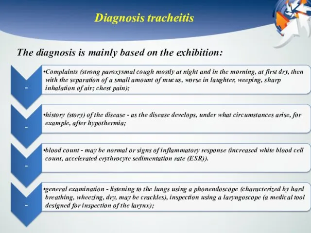 Diagnosis tracheitis The diagnosis is mainly based on the exhibition: